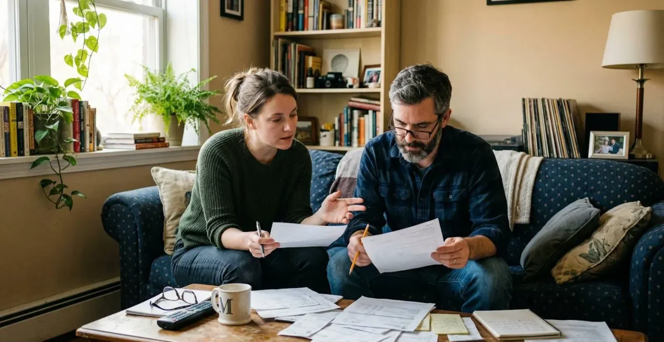 Un couple trentenaire assis sur un canapé consulte des documents posés sur la table basse, lumière naturelle de fin de journée filtrant par la fenêtre