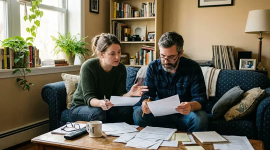 Un couple trentenaire assis sur un canapé consulte des documents posés sur la table basse, lumière naturelle de fin de journée filtrant par la fenêtre