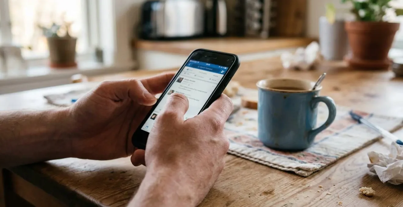 Mains tenant un smartphone au-dessus d'une table de cuisine, tasse de café à côté, lumière naturelle du matin