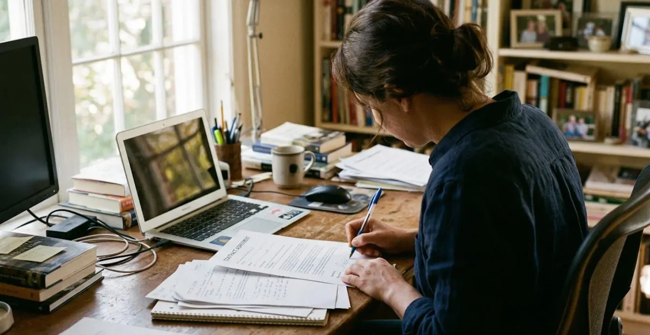 Personne vue de dos signant un document sur un bureau à domicile, stylo en main, lumière douce de fenêtre