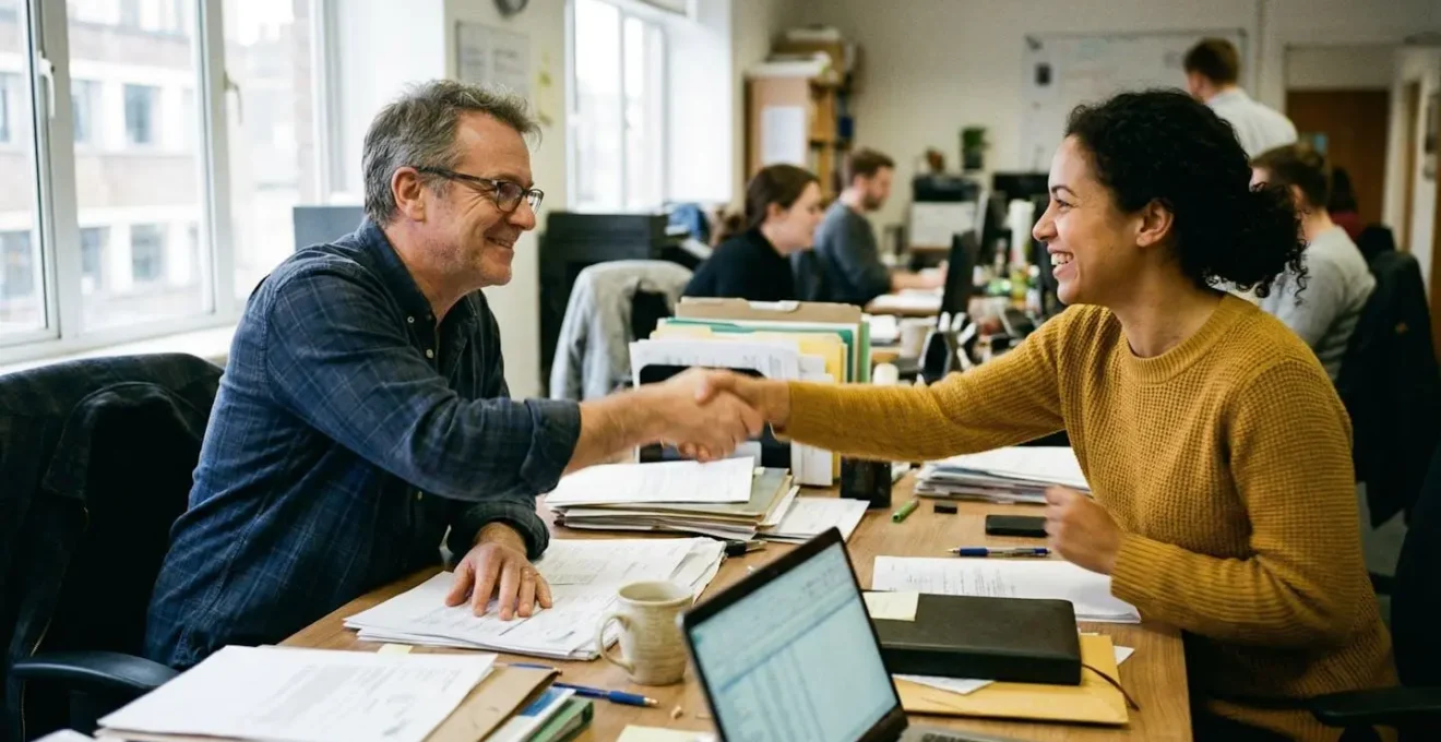 Deux personnes échangeant une poignée de main au-dessus d'un bureau avec des documents, ambiance professionnelle décontractée