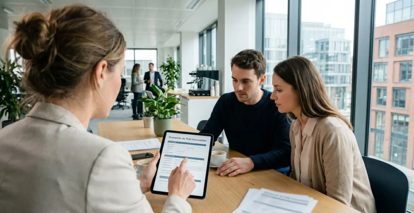 Conseiller courtier et jeune couple analysant ensemble des documents de crédit immobilier sur une tablette dans un bureau contemporain lumineux