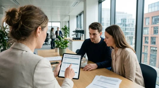 Conseiller courtier et jeune couple analysant ensemble des documents de crédit immobilier sur une tablette dans un bureau contemporain lumineux