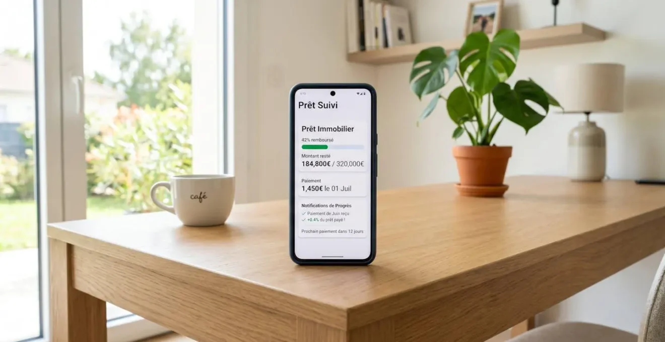 Smartphone posé sur une table en bois clair affichant l'interface d'une application de suivi de crédit immobilier avec notifications de progression visibles