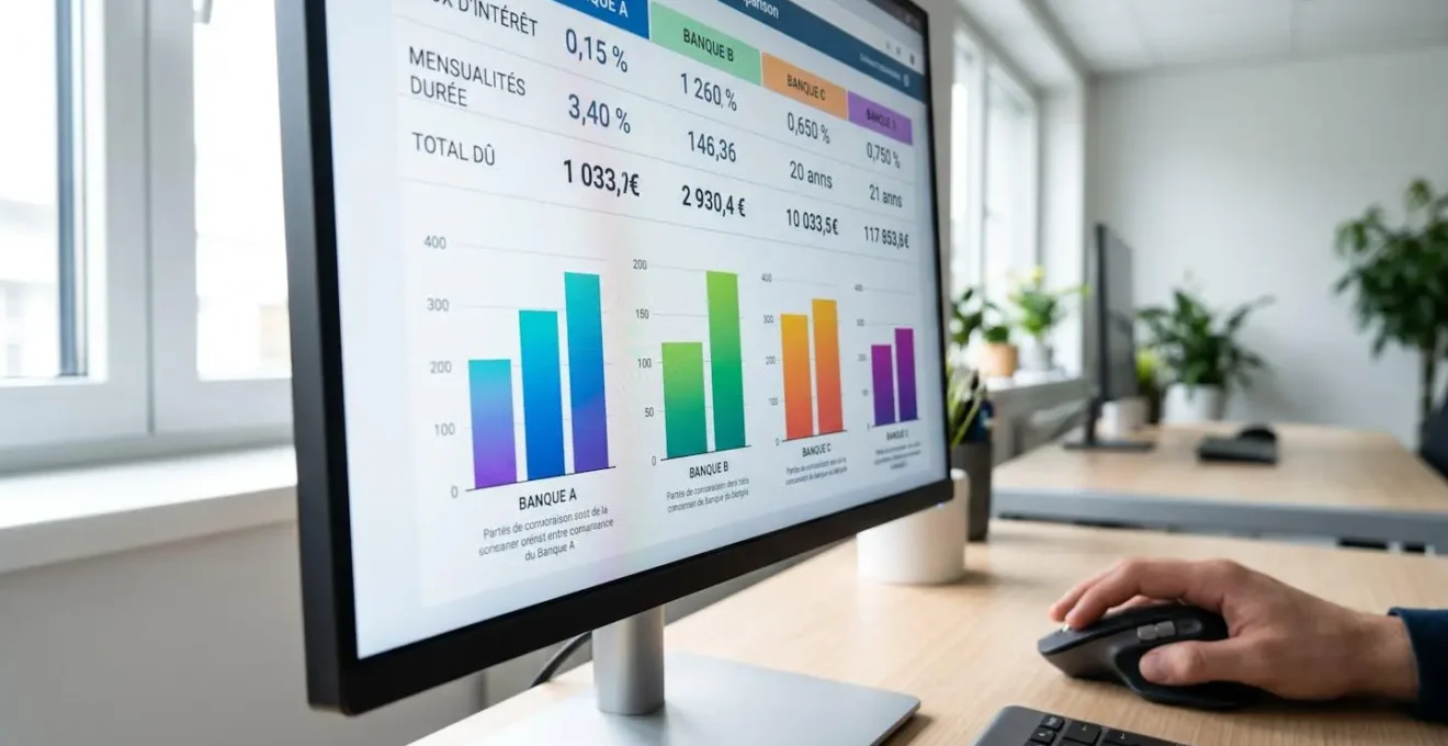 Gros plan sur un écran d'ordinateur affichant un comparateur de taux de crédit immobilier avec graphiques de barres colorés et chiffres légèrement flous