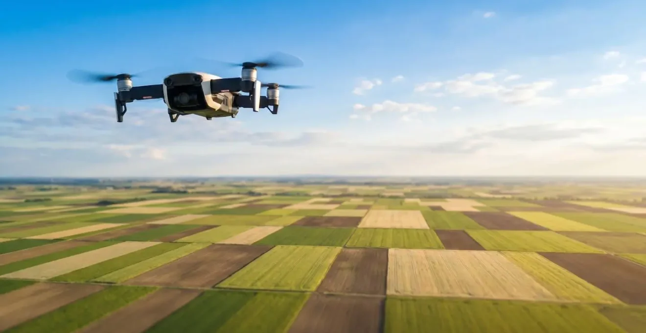 Drone quadricoptère blanc survolant un vaste terrain agricole divisé en parcelles de différentes couleurs, vue en contre-plongée.