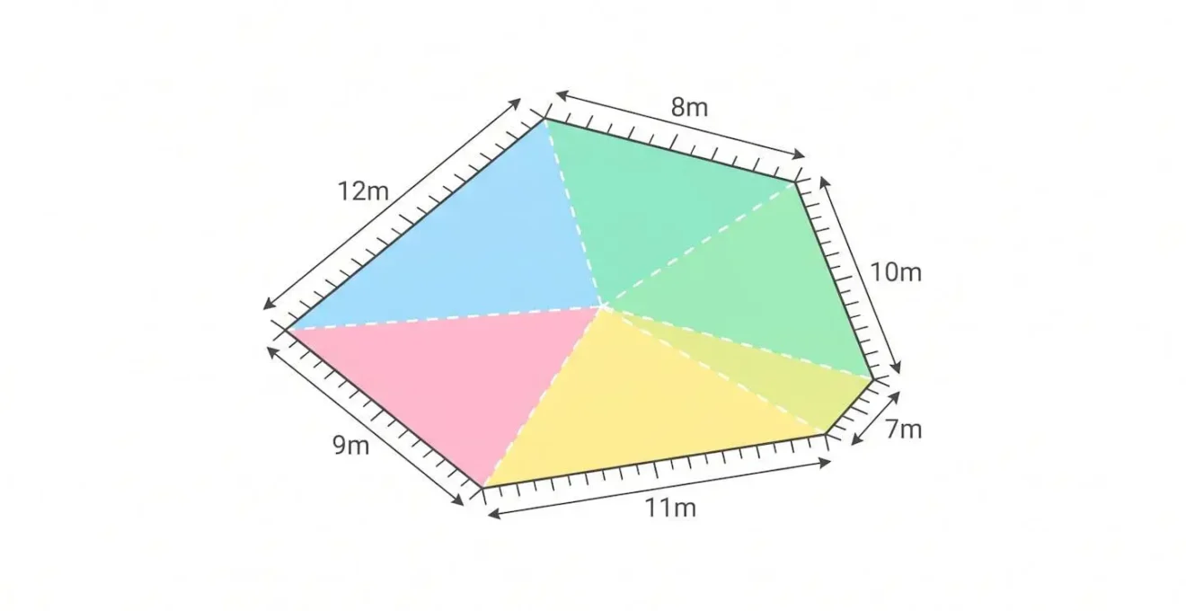 Schéma isométrique d'un terrain irrégulier divisé en quatre triangles de couleurs pastel différentes, illustrant la méthode de triangulation.