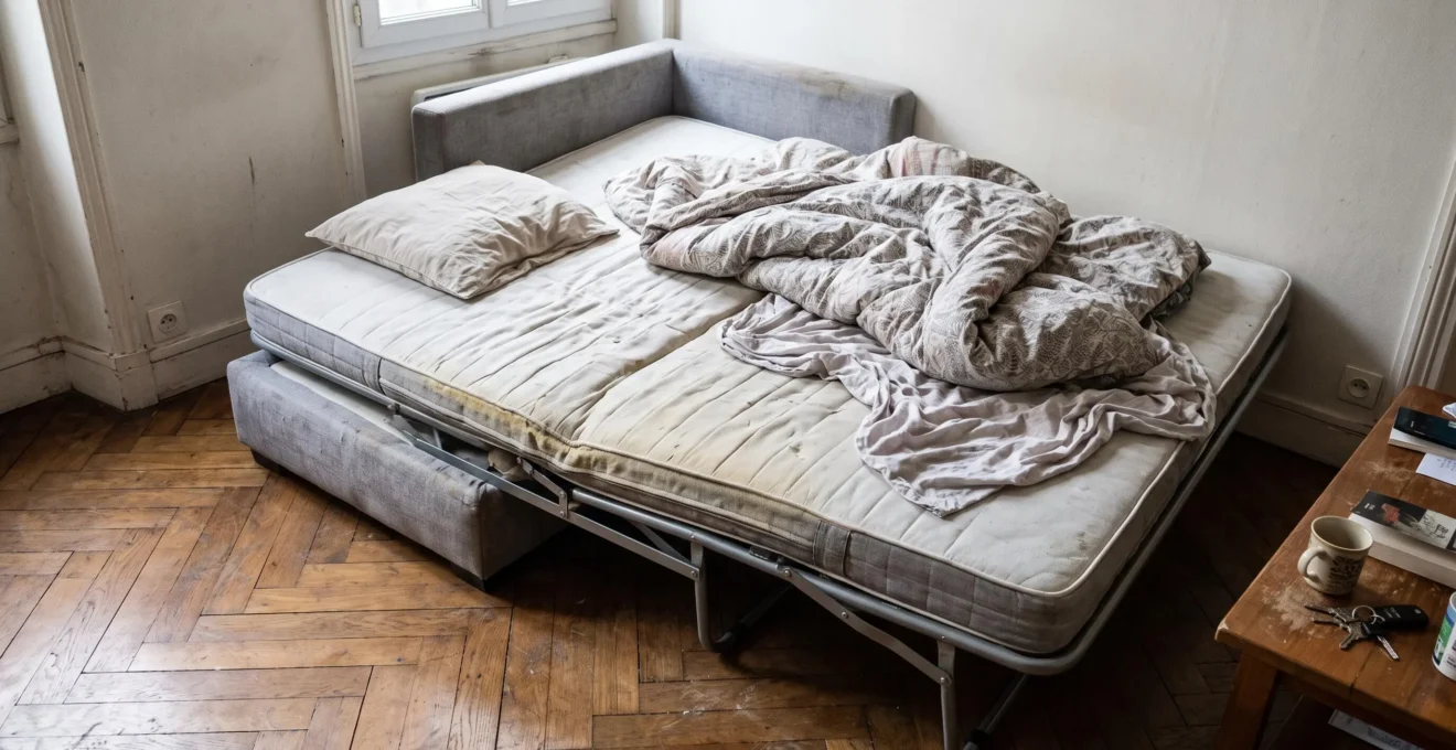 Un clic-clac déplié montre un matelas fin dans un salon de location.