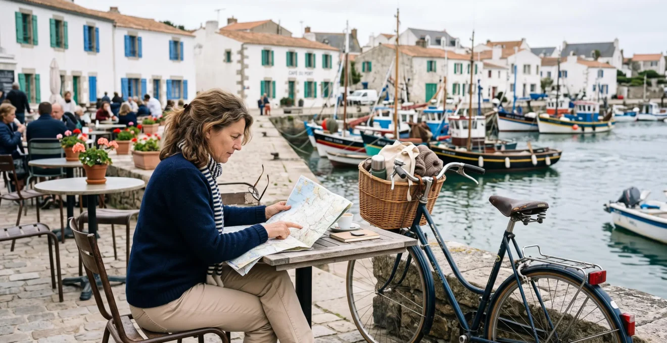 Une femme étudie un plan papier à la terrasse d'un café du port.