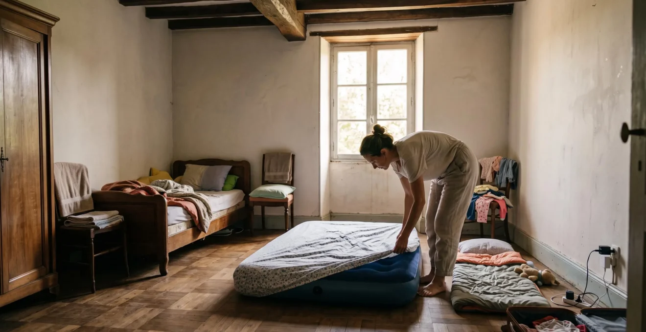 Une mère tend un drap sur un matelas gonflable posé au sol d'une chambre.