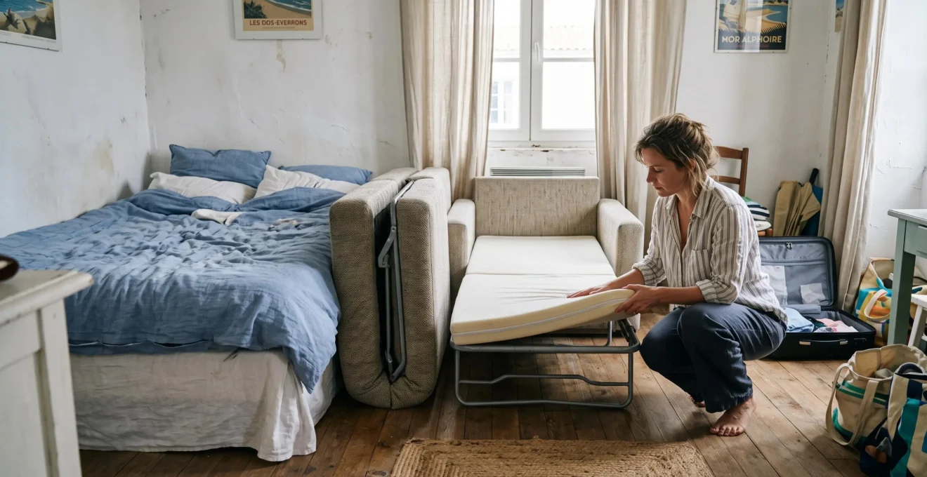 Une femme soulève le matelas d'un canapé-lit dans un studio de location saisonnière.