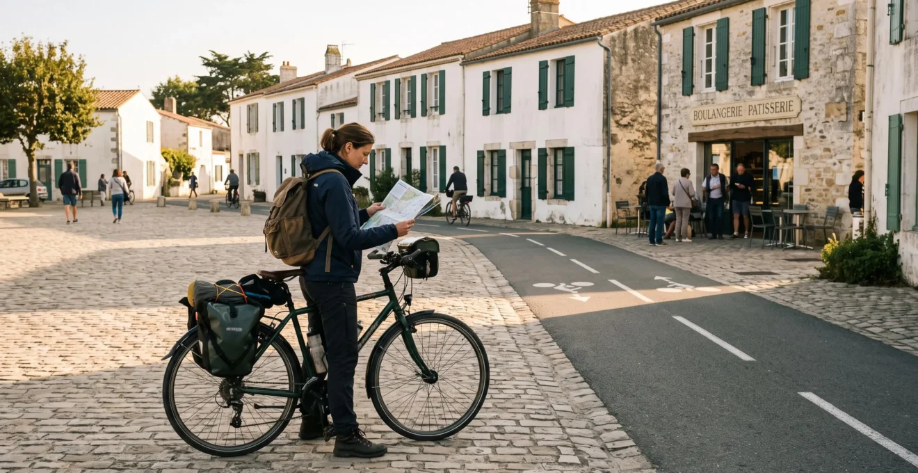 Un voyageur avec un vélo consulte un plan sur une place de village.